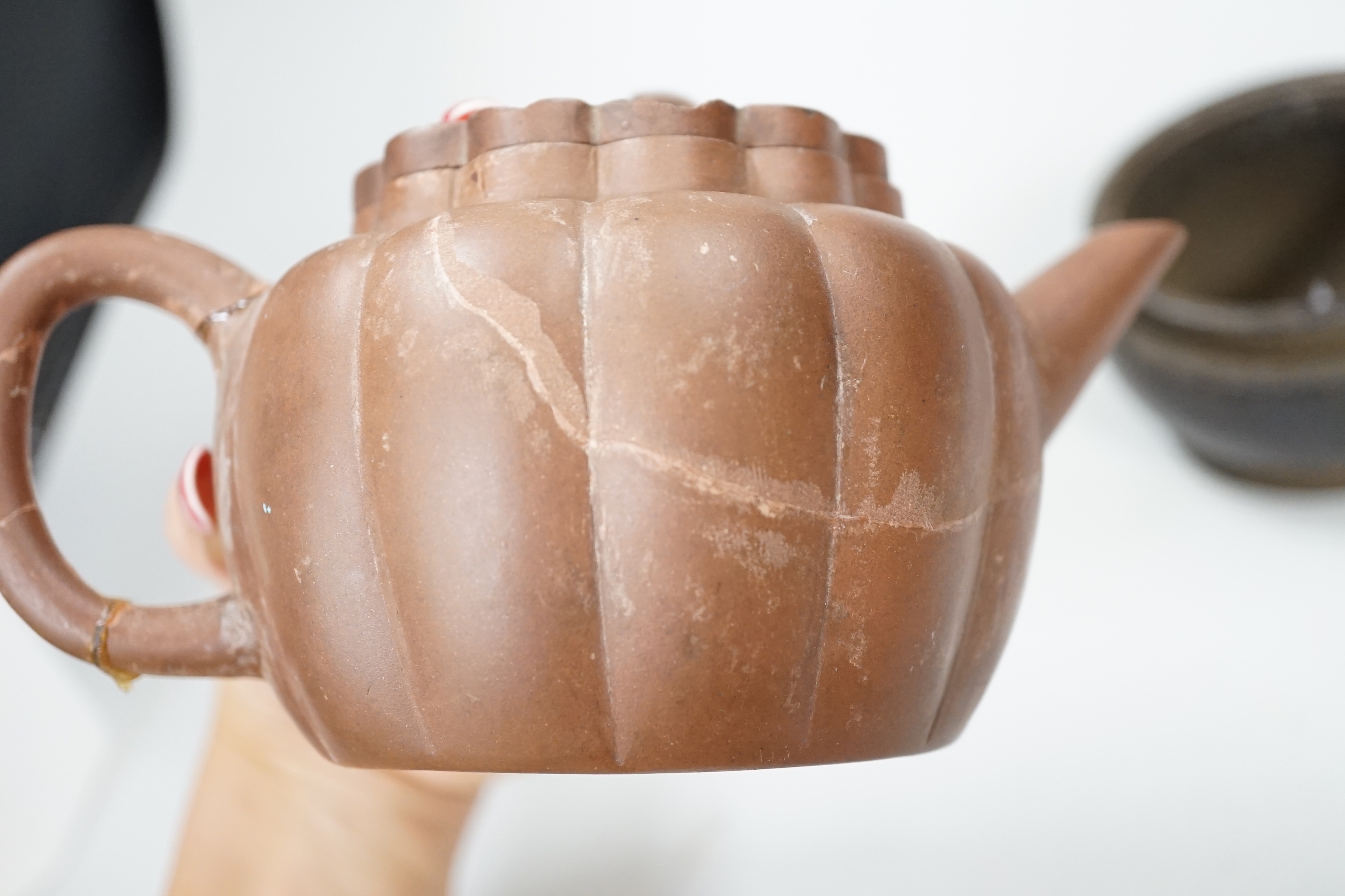 A Chinese Yixing teapot and a bronze censer, teapot 10 cm high